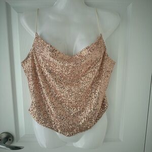 Sequin Beaded Rose Gold Sparkly Cami Spaghetti Strap Tank Top Large